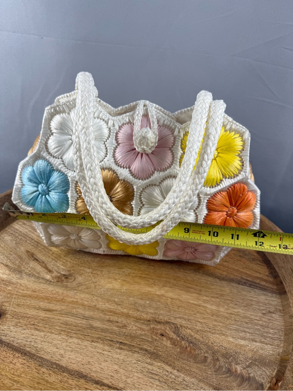 Vintage Raffia Flower Handbag Pastel Floral Straw Purse Cottagecore - Picture 7 of 9